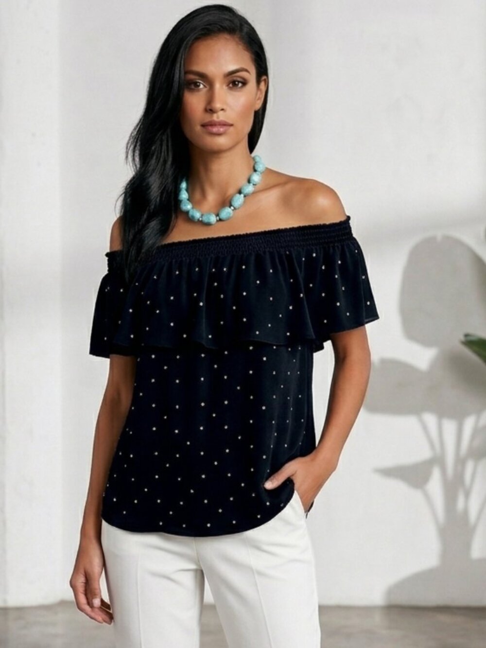 INC Rhinestone Off-the-Shoulder Ruffle Blouse - Black Embellished Top - Size XL - Picture 1 of 7